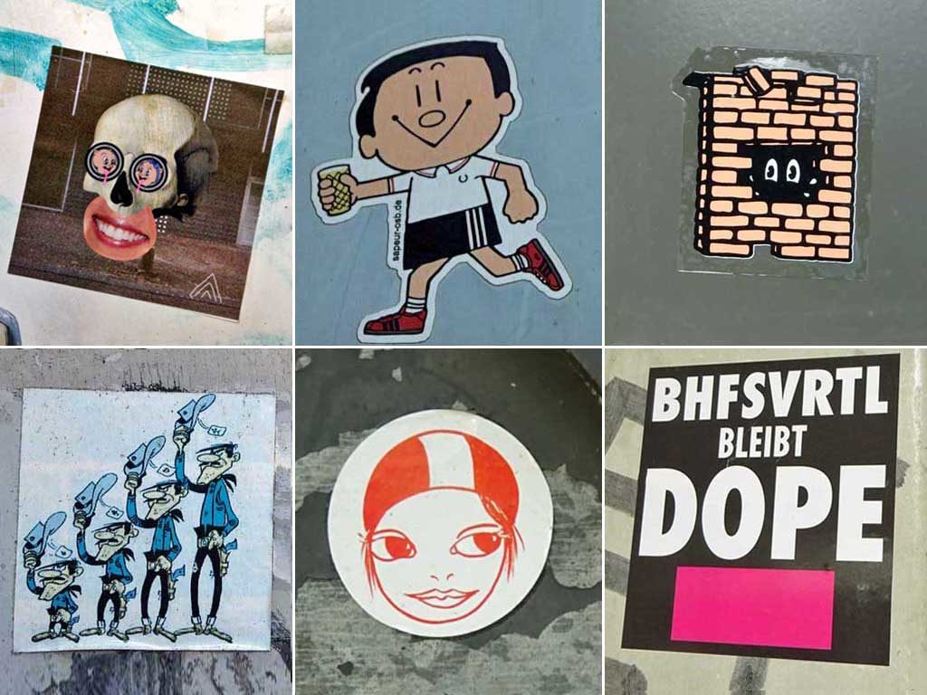 Aufkleber im urbanen Raum Frankfurts.