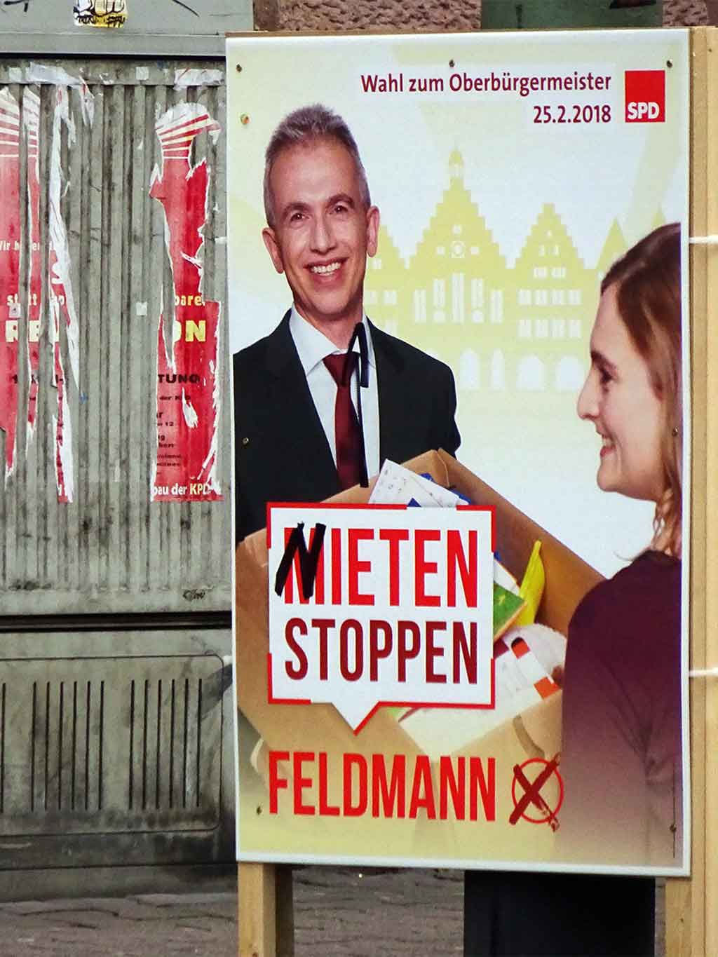 Wahlplakate der Kandidatinnen und Kandidaten zur OB-Wahl 2018 in Frankfurt am Main