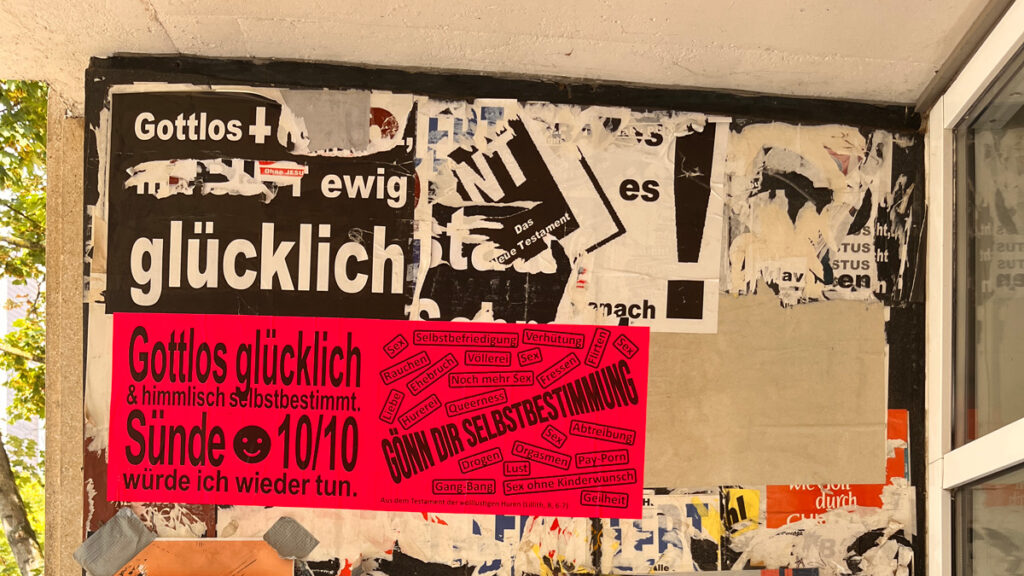 Anarcho-feministische Plakatierung gegen evangelikal-fundamentalistische Positionen rund um den Campus Bockenheim in Frankfurt