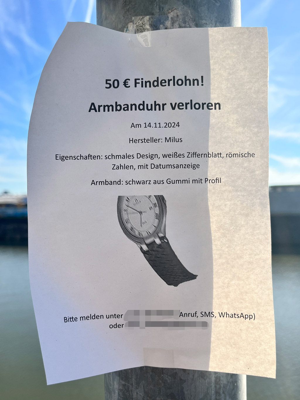 „50 € Finderlohn! Armbanduhr verloren“-Zettel in Frankfurt