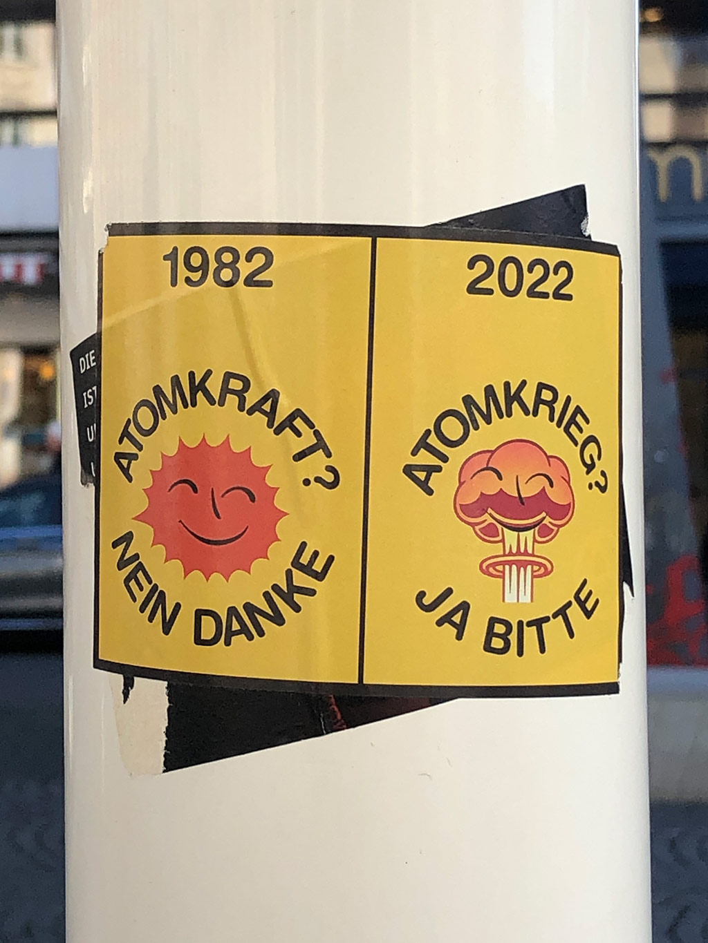 Abwandlung des Logos „Atomkraft Nein Danke" - 1982 vs 2022