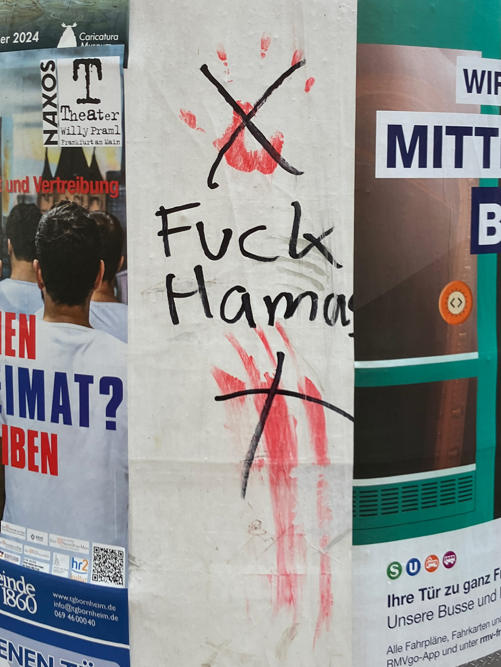 Aufkleber, Banner, Sprüche und Zettel in Frankfurt zum Krieg zwischen Israel und Palästina bzw. der Hamas