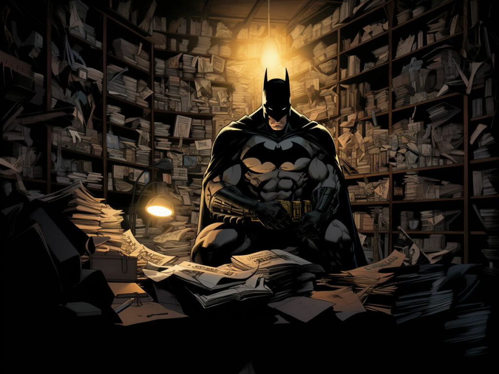 Batman with books, image made with AI Midjourney