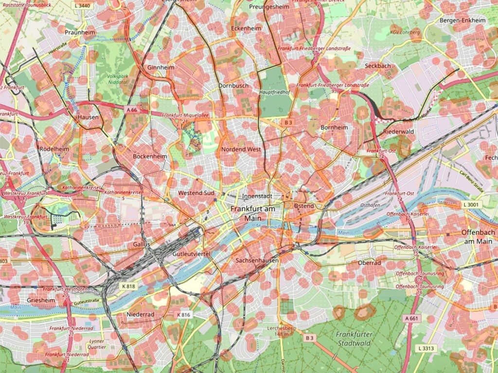 Bubatzkarte für Frankfurt: In den rot markierten Bereichen darf auch künftig nicht gekifft werden.