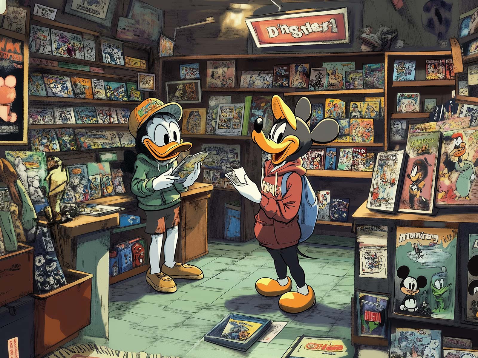 Comic-Figuren im Comic Shop - Mit KI Midjourney generiert