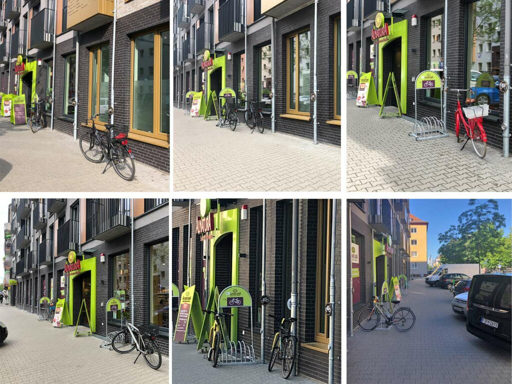 Fahrräder vor Alnatura in der Burgstraße in Frankfurt-Bornheim nutzen nicht die Fahrrädständer