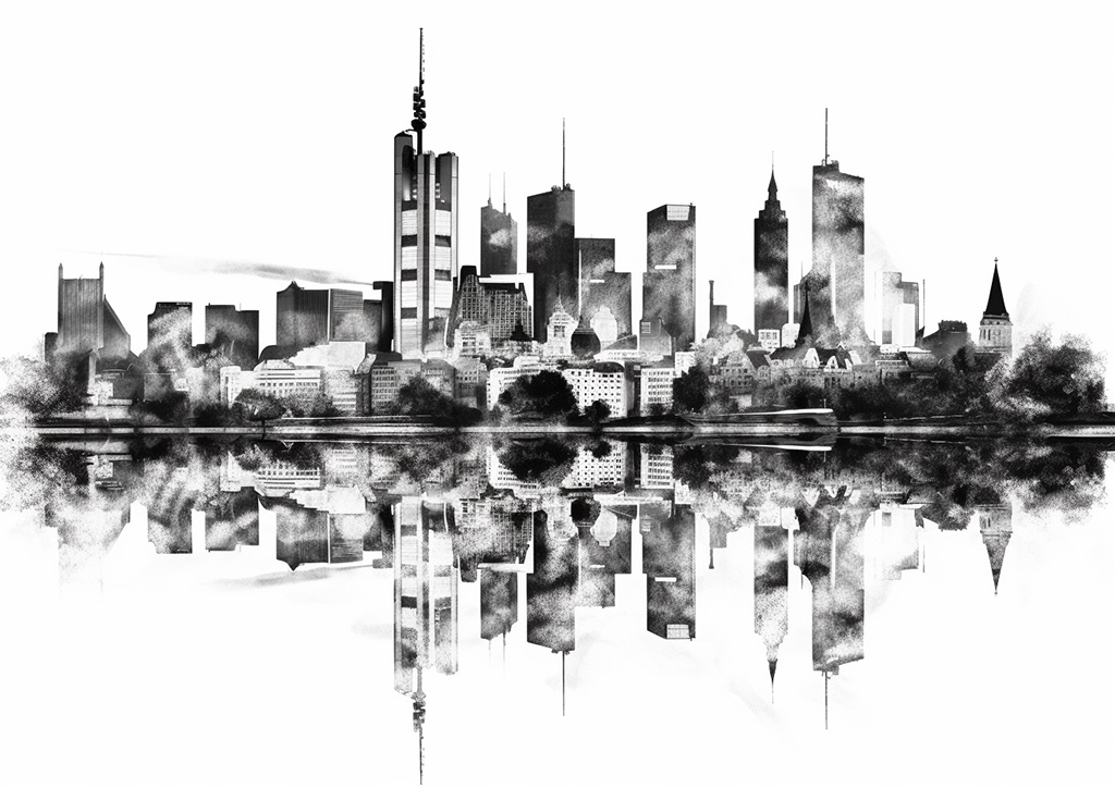 Frankfurt-Skyline künstlerisch umgesetzt mit Künstlicher Intelligenz Midjourney