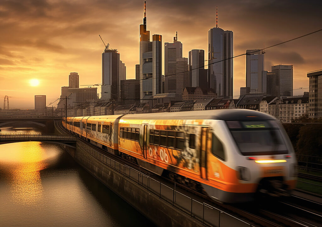 Frankfurter Skyline mit vorbeifahrendem Zug während des Sonnenuntergang (Midjourney Bild)