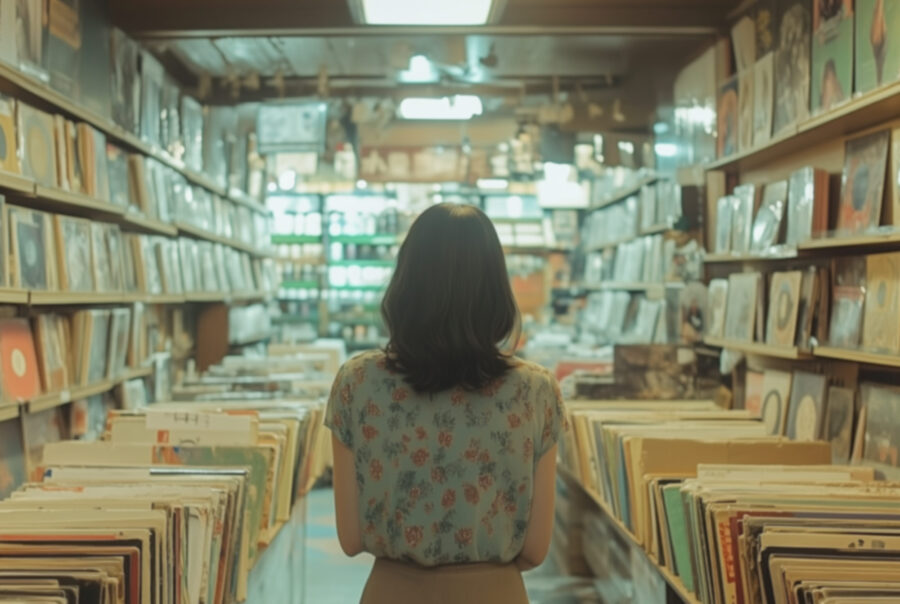 Frau in einem Plattenladen, mit KI Midjourney erstellt