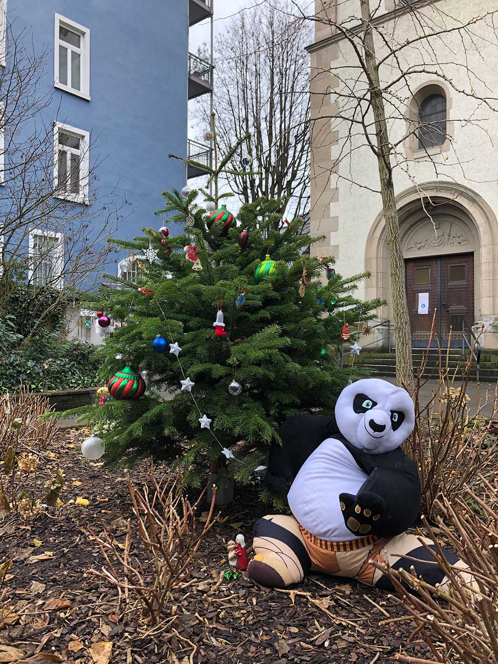Fundsachen von der Straße in Frankfurt - Kung-Fu-Panda-Stofftier und Weihnachtsbaum