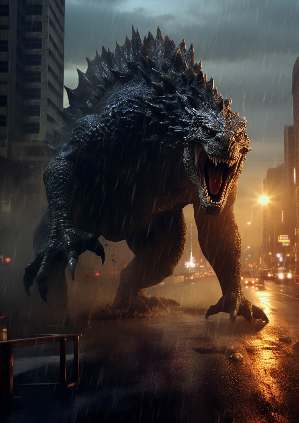 Godzilla in the streets of a city created with the AI Tool Midjourney