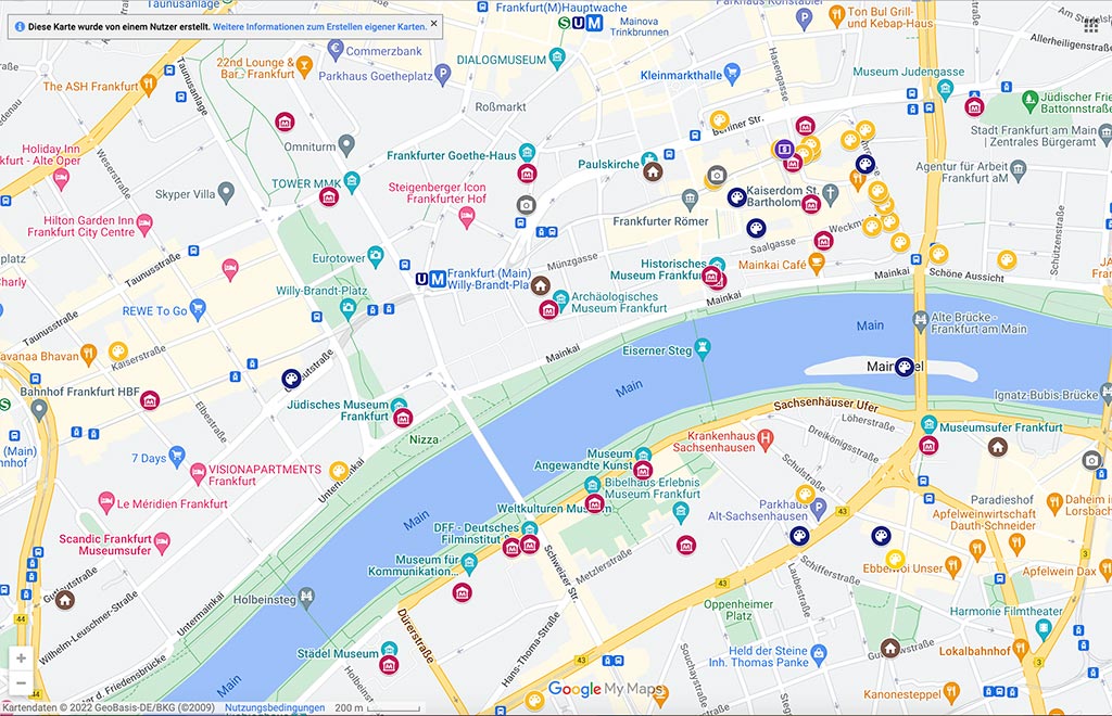 Google MAps Übersichtskarte zu Ausstellungshäusern in Frankfurt am Main