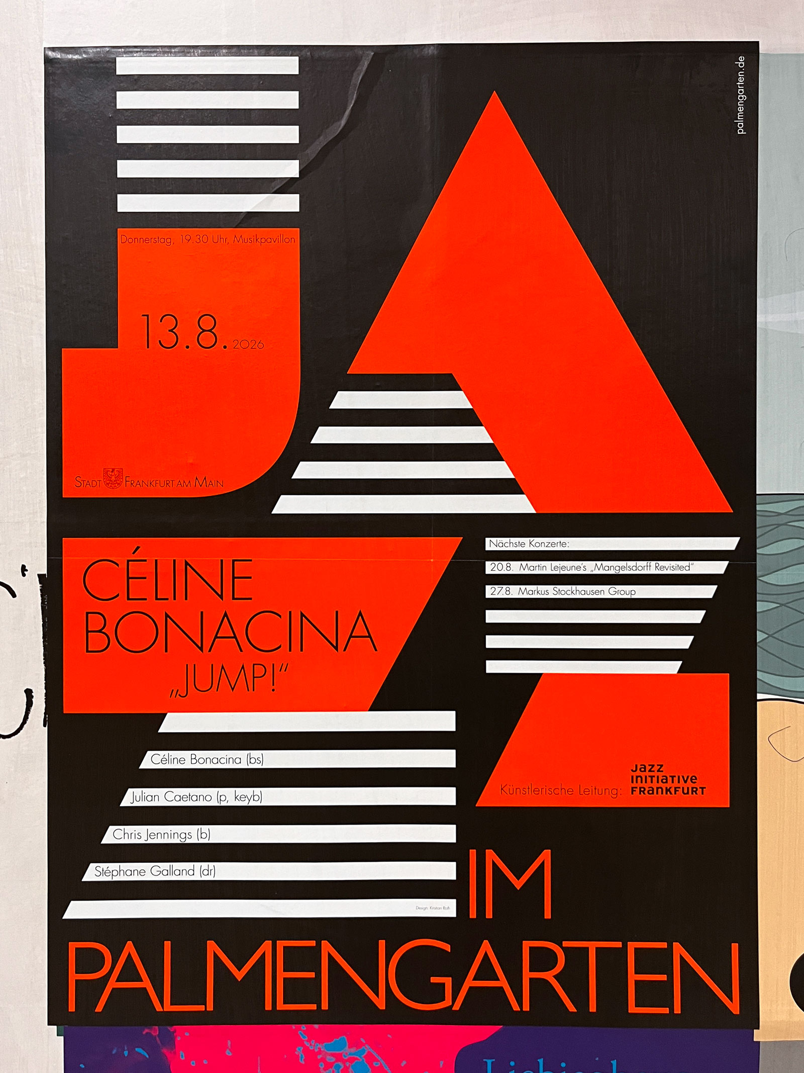 Rotes Plakat-Design der Veranstaltungsreihe „Jazz im Palmengarten 2026“ in Frankfurt am Main