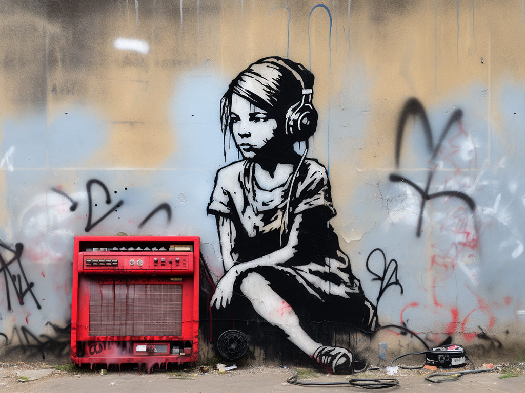 Mädchen mit Kopfhörer im Stil von Banksy-Streetart - Mit Midjourney kreiertes Bild