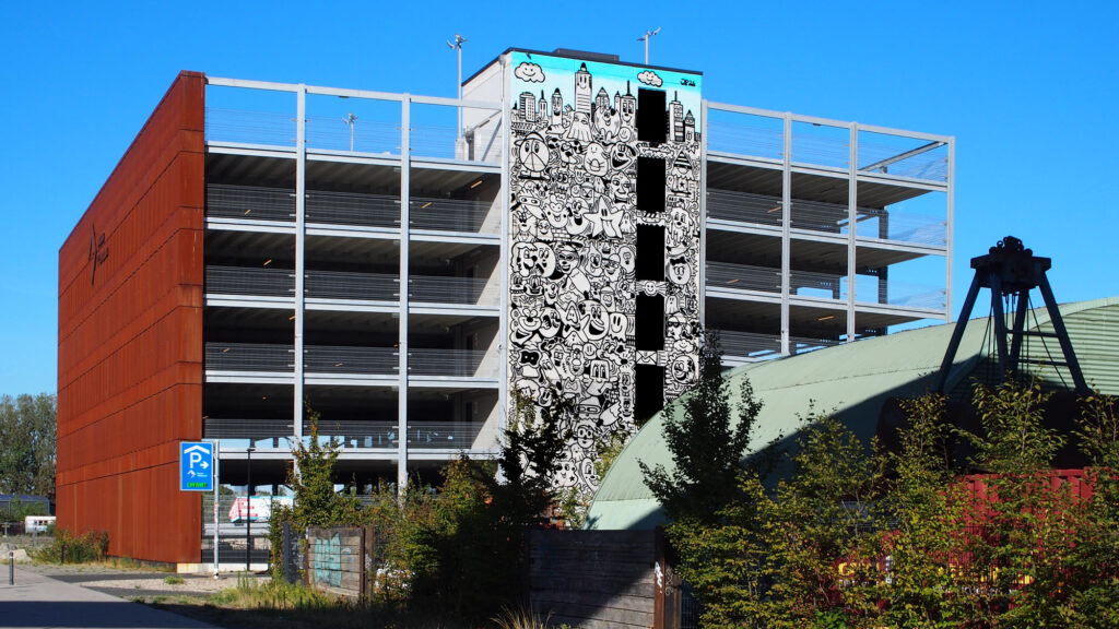 Mural von Jan Paul Müller am Parkhaus der Messe Offenbach