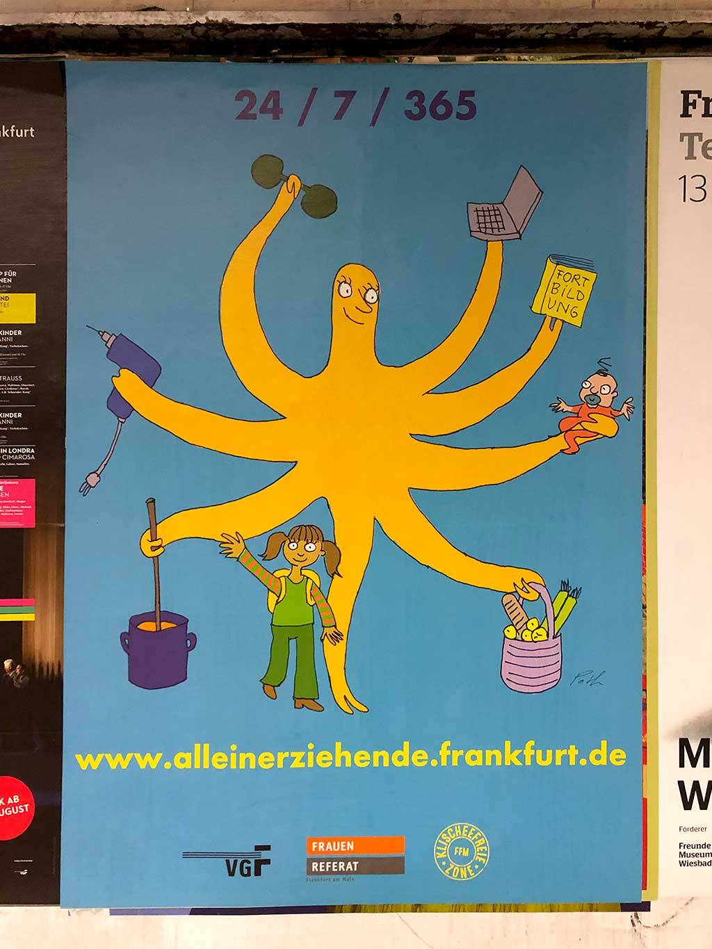 Plakat zum Thema Alleinerziehende in Frankfurt mit Bild von Leonore Poth