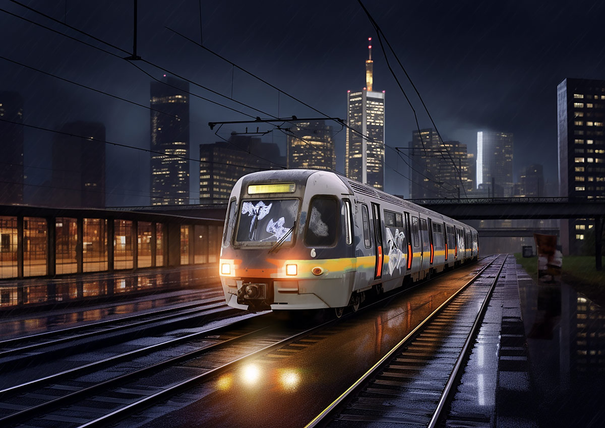 Regnerische Nacht mit Zug an Haltestelle und Frankfurt-Skyline im Hintergrund (Midjourney Bild)