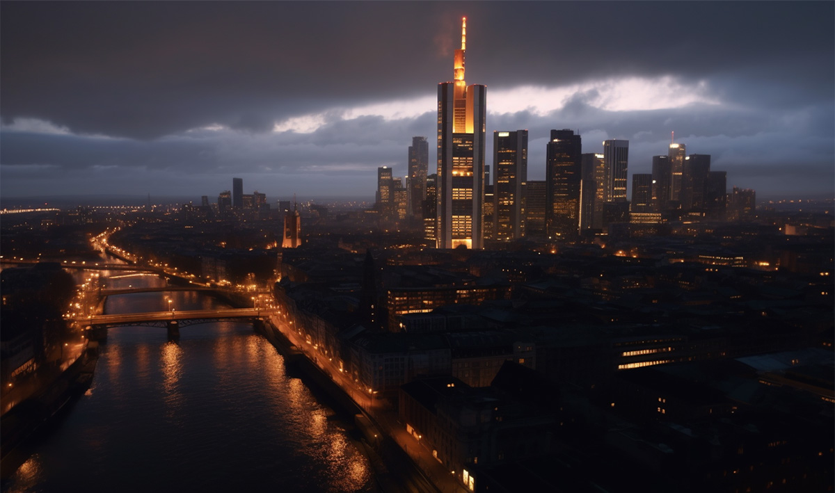 Frankfurter Skyline mit Künstlicher Intelligenz Midjourney erstellt