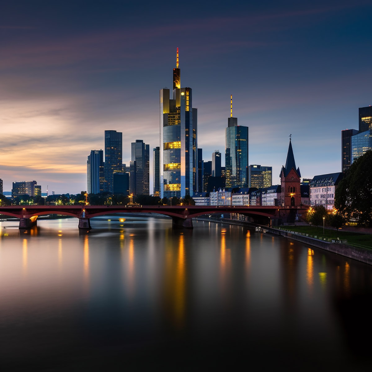 Frankfurter Skyline mit Künstlicher Intelligenz Midjourney erstellt