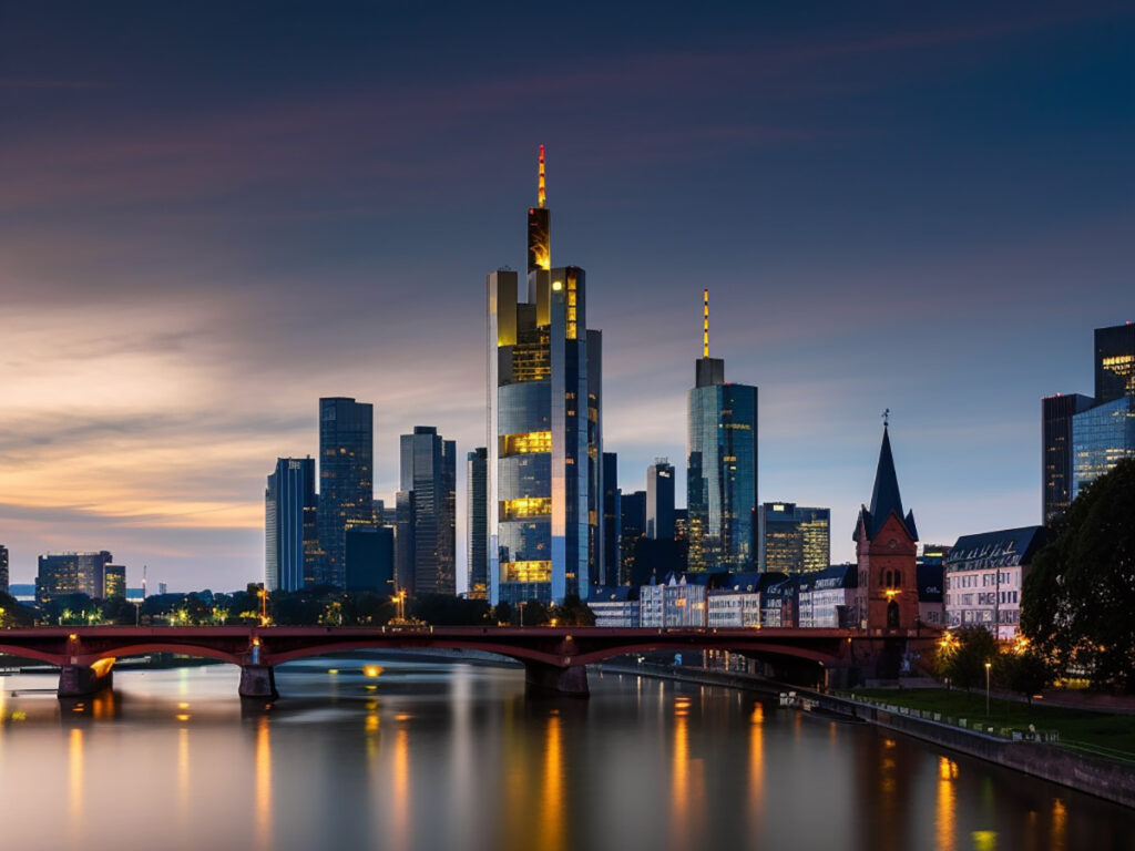 Frankfurter Skyline mit Künstlicher Intelligenz Midjourney erstellt