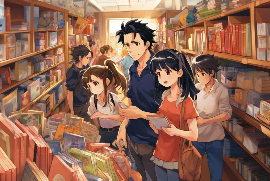 Teenage boys and girls in a comic shop – image made with AI Midjourney