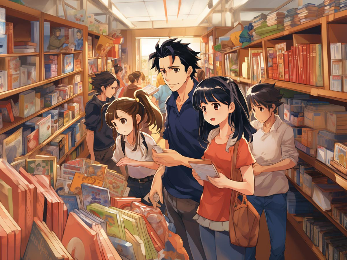 Teenage boys and girls in a comic shop – image made with AI Midjourney