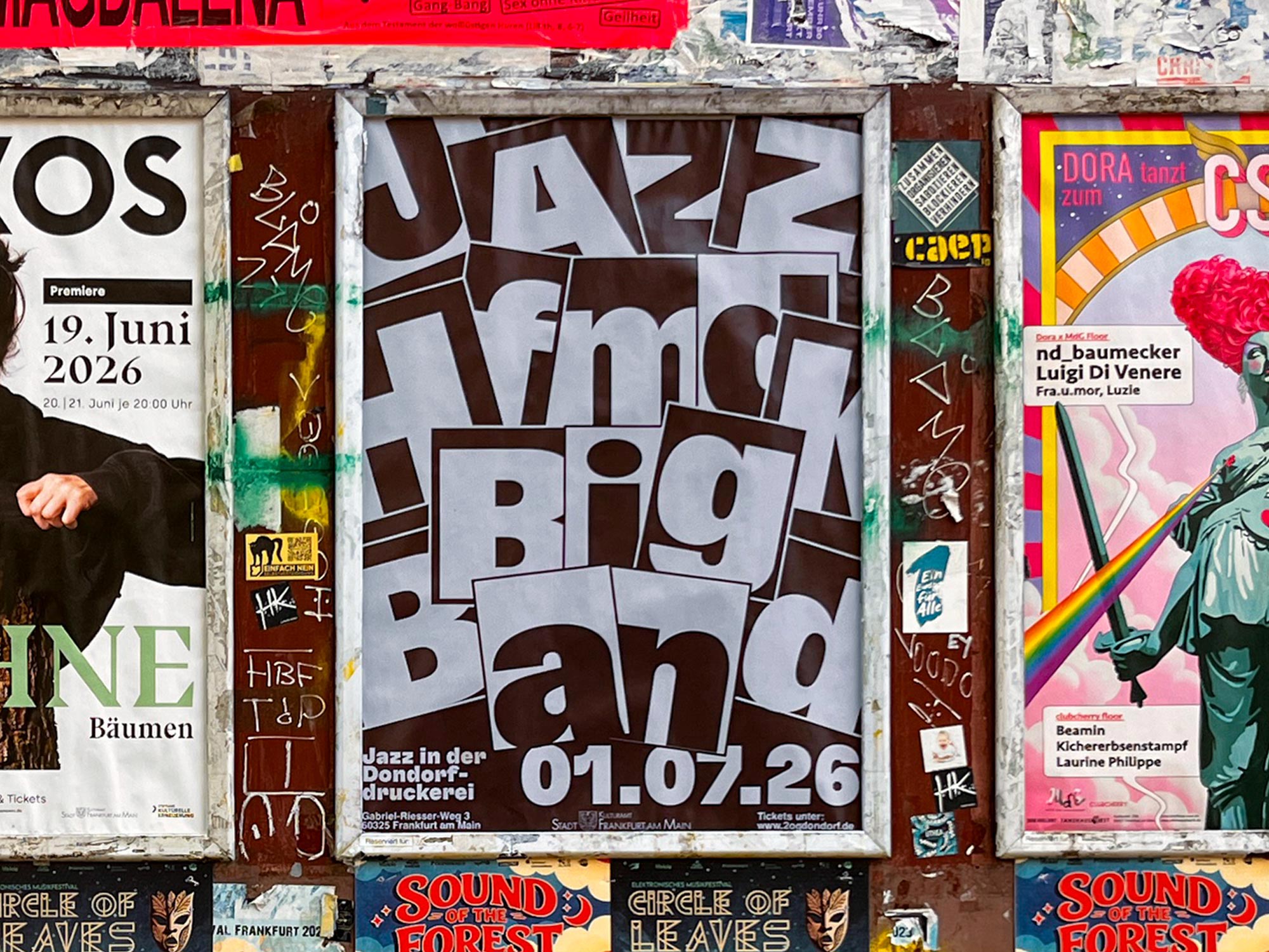 Typografische Plakatreihe von Leonie Waidelich für Jazz in der Dondorf Druckerei in Frankfurt am Main