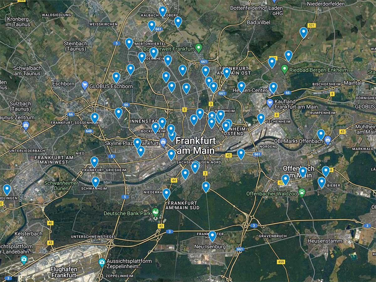 Übersichtskarte mit den Standorten von Spargelständen in Frankfurt und Offenbach