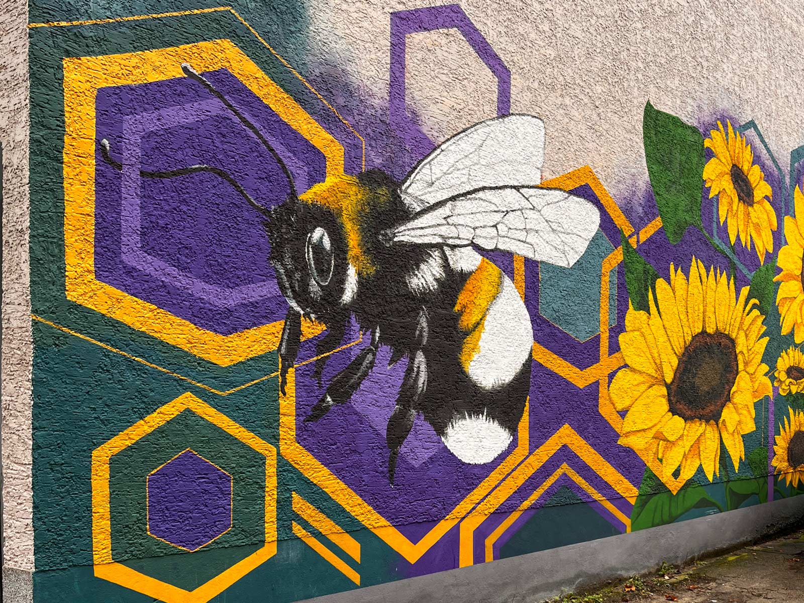 Urban Art Frankfurt - Wandbild mit Biene, Waben und Sonnenblumen