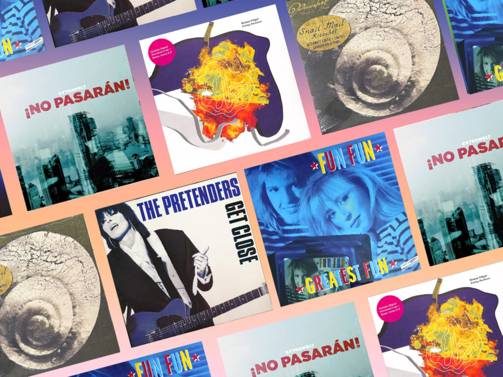 Vinyl Shopping – Nach links abkippendes Raster mit Covern von Plattencovern (Extrawelt, Fun Fun, Roman Flügel, SNail Mail, The Pretenders)