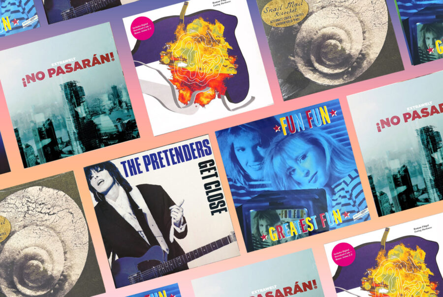 Vinyl Shopping – Nach links abkippendes Raster mit Covern von Plattencovern (Extrawelt, Fun Fun, Roman Flügel, SNail Mail, The Pretenders)