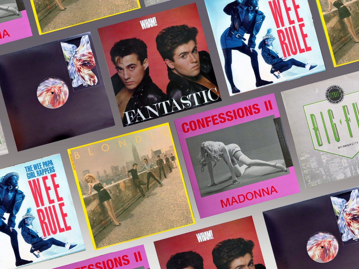 Vinyl Shopping – Nach links abkippendes Raster mit Covern von Plattencovern (Blondie, Wham!, Inner City, Wee Papa Girl Rappers, Madonna, Roman Flügel)